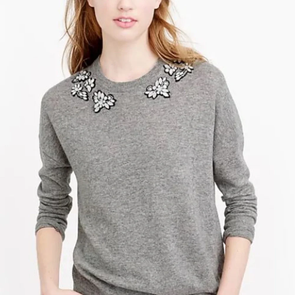 J. Crew Grey Wool Opal-Embellished Sweater